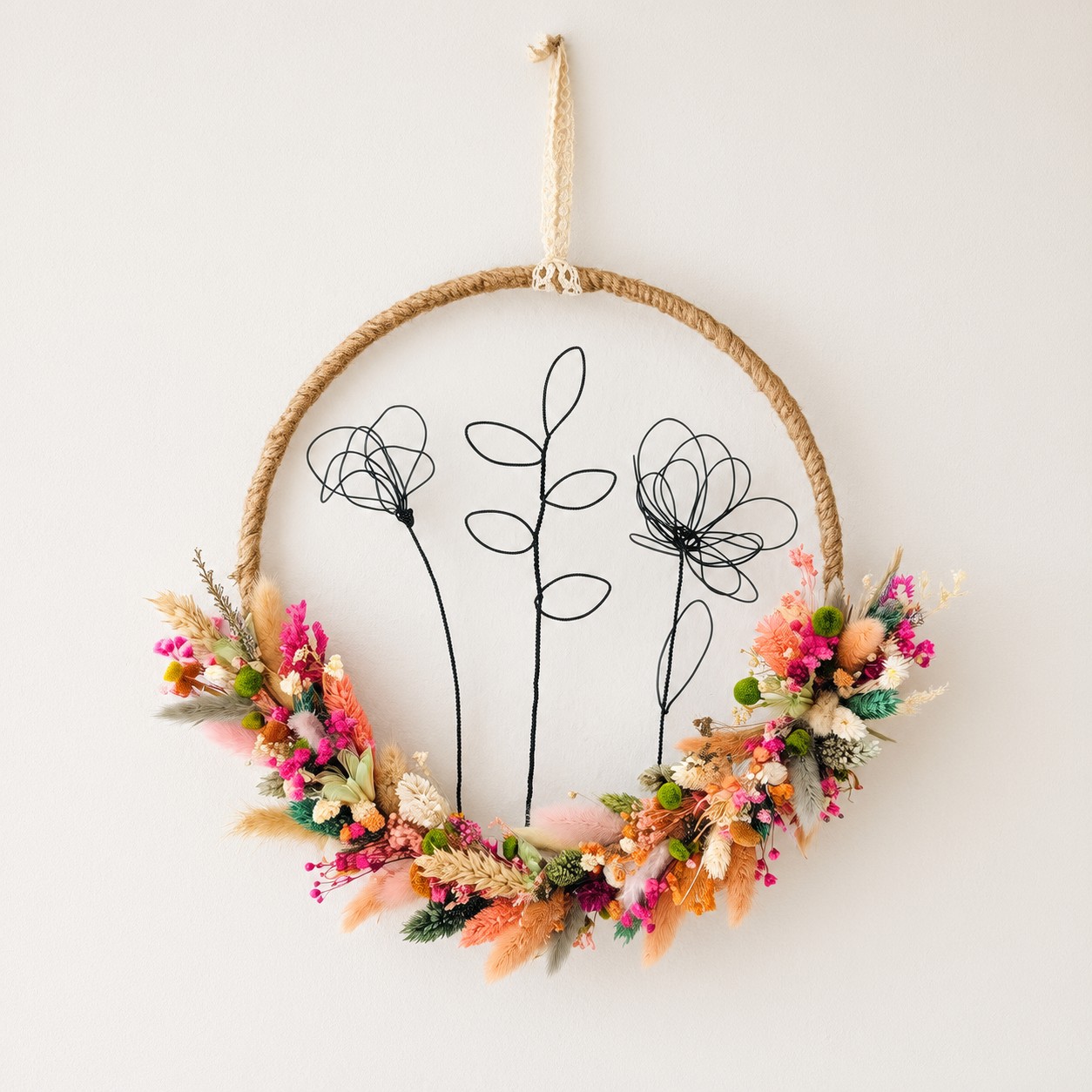 Flowerloop mit filigranen Drahtblumen und buntem Trockenblumenstrauß
