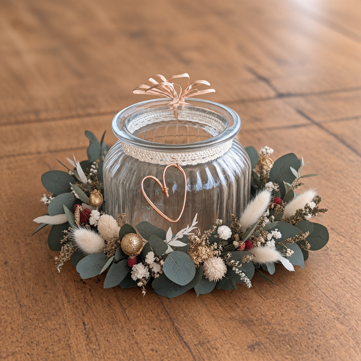Kleines Kranz-Windlicht mit Drahtherz, Tannengrün und Trockenblumen um ein Windlichtglas