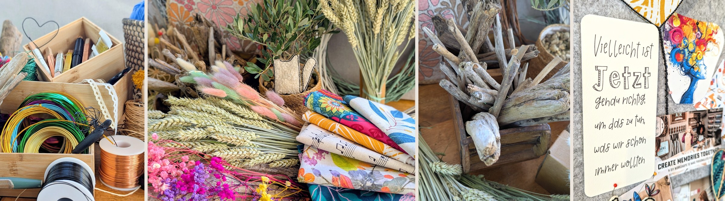 Bildercollage aus Trockenblumen, Naturmaterialien und einem inspirierenden Spruchkärtchen